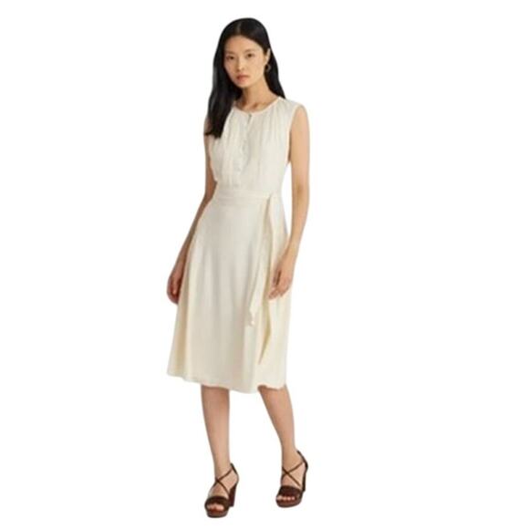 Lauren Ralph Lauren Belted Crepe‎ Cap Sleeve Button Up Cream Midi Dress Sz 14 - Picture 1 of 13